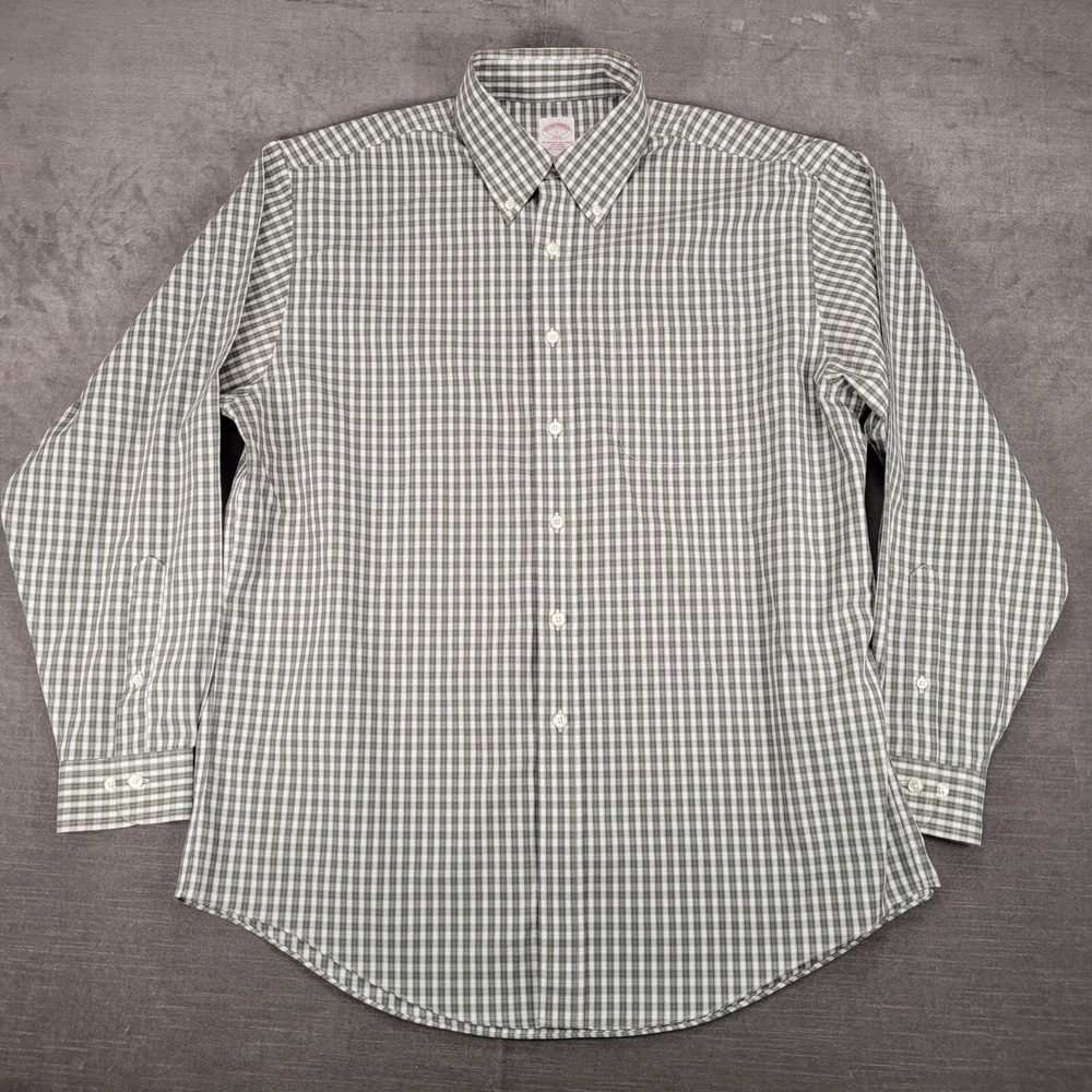Brooks Brothers Gingham Dress Shirt Button Down Long‎ Sleeve Green Preppy Size L